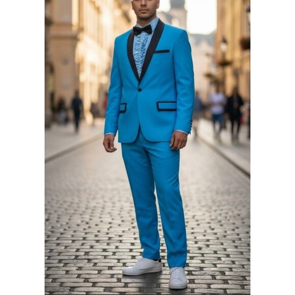 Blue Tuxedo Costume With Ruffled Shirt & Bow Tie Smiffys L Polyester Unisex - Picture 1 of 8